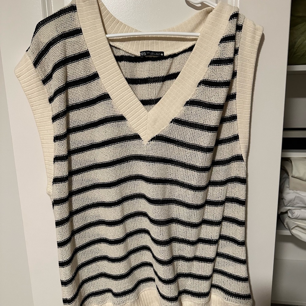 Zara V-Neck Sweater with Black and Cream Stripes